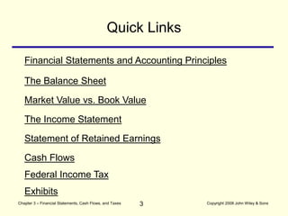 3
Chapter 3 – Financial Statements, Cash Flows, and Taxes Copyright 2008 John Wiley & Sons
Quick Links
Financial Statements and Accounting Principles
Market Value vs. Book Value
The Income Statement
Statement of Retained Earnings
Cash Flows
The Balance Sheet
Federal Income Tax
Exhibits
 