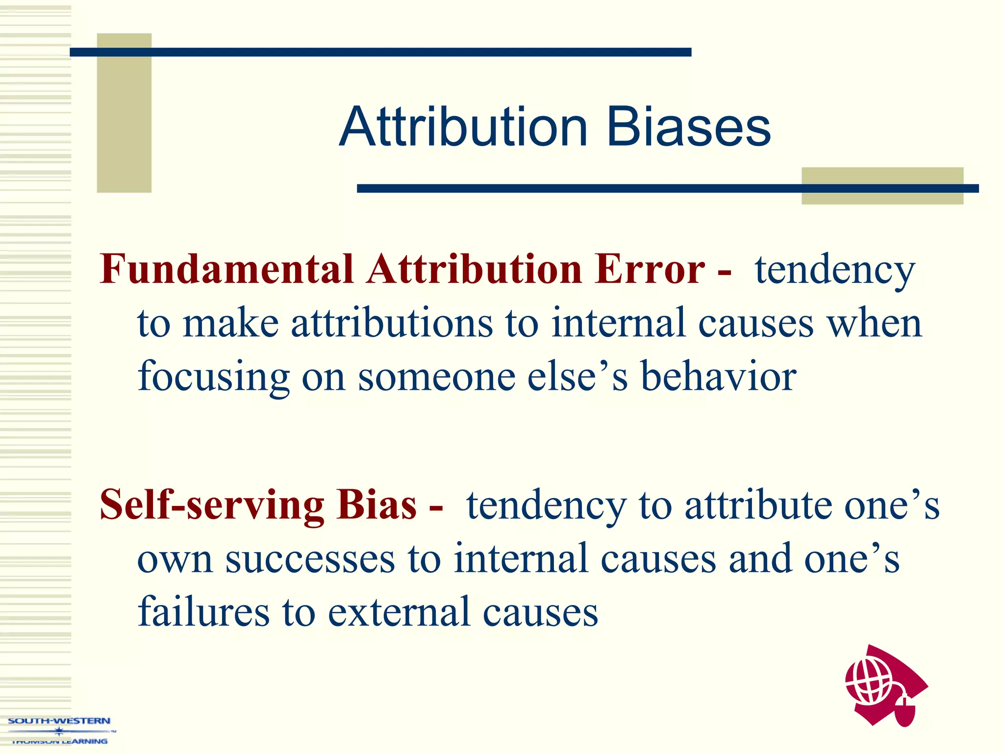 Attribution Biases
Fundamental Attribution Error - tendency
to make attributions to internal causes when
focusing on someone else’s behavior
Self-serving Bias - tendency to attribute one’s
own successes to internal causes and one’s
failures to external causes
 