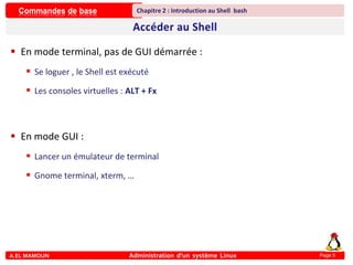 Commandes de base
A.EL MAMOUN Administration d’un système Linux
Chapitre 2 : Introduction au Shell bash
Page 5
 En mode terminal, pas de GUI démarrée :
 Se loguer , le Shell est exécuté
 Les consoles virtuelles : ALT + Fx
 En mode GUI :
 Lancer un émulateur de terminal
 Gnome terminal, xterm, …
 