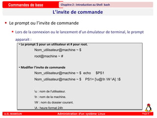 Commandes de base
A.EL MAMOUN Administration d’un système Linux
Chapitre 2 : Introduction au Shell bash
Page 6
 Le prompt ou l’invite de commande
 Lors de la connexion ou le lancement d’un émulateur de terminal, le prompt
apparait :
• Le prompt $ pour un utilisateur et # pour root.
Nom_utilisateur@machine ~ $
root@machine ~ #
• Modifier l’invite de commande
Nom_utilisateur@machine ~ $ echo $PS1
Nom_utilisateur@machine ~ $ PS1= [u@h W A] :$
u : nom de l'utilisateur.
h : nom de la machine.
W : nom du dossier courant.
A : heure format 24h
 