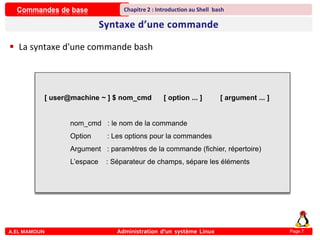 Commandes de base
A.EL MAMOUN Administration d’un système Linux
Chapitre 2 : Introduction au Shell bash
Page 7
 La syntaxe d'une commande bash
[ user@machine ~ ] $ nom_cmd [ option ... ] [ argument ... ]
nom_cmd : le nom de la commande
Option : Les options pour la commandes
Argument : paramètres de la commande (fichier, répertoire)
L’espace : Séparateur de champs, sépare les éléments
 