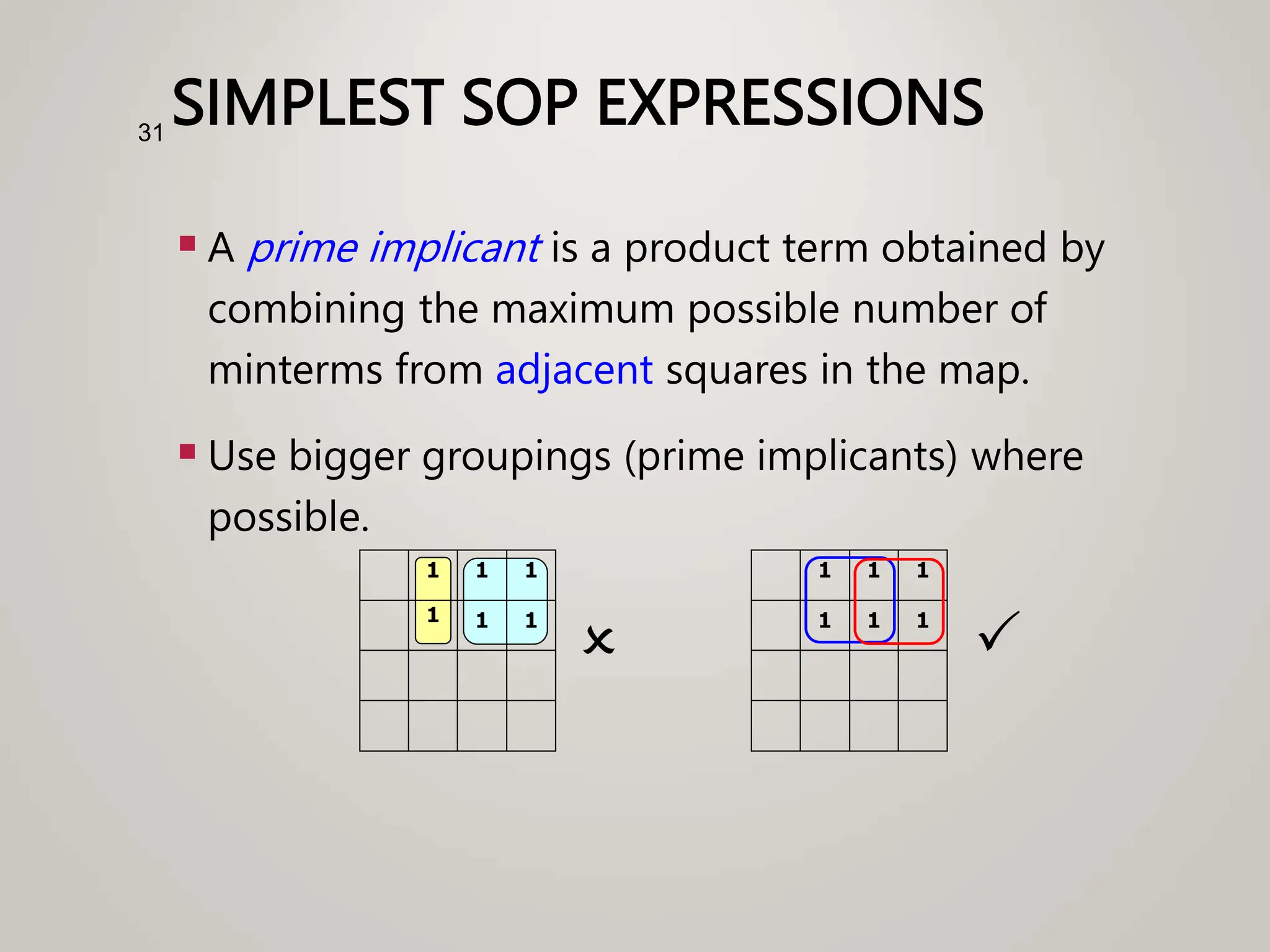 SIMPLEST SOP EXPRESSIONS
 A prime implicant is a product term obtained by
combining the maximum possible number of
minterms from adjacent squares in the map.
 Use bigger groupings (prime implicants) where
possible.
31
1
1 1
1
1
1
O
1
1 1
1
1
1
P
 