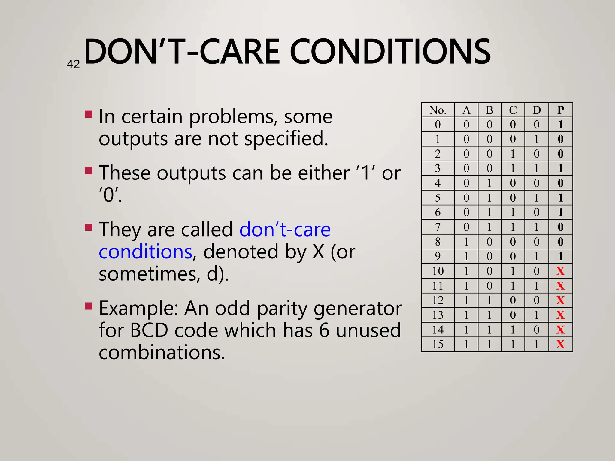 DON’T-CARE CONDITIONS
 In certain problems, some
outputs are not specified.
 These outputs can be either ‘1’ or
‘0’.
 They are called don’t-care
conditions, denoted by X (or
sometimes, d).
 Example: An odd parity generator
for BCD code which has 6 unused
combinations.
42
No. A B C D P
0 0 0 0 0 1
1 0 0 0 1 0
2 0 0 1 0 0
3 0 0 1 1 1
4 0 1 0 0 0
5 0 1 0 1 1
6 0 1 1 0 1
7 0 1 1 1 0
8 1 0 0 0 0
9 1 0 0 1 1
10 1 0 1 0 X
11 1 0 1 1 X
12 1 1 0 0 X
13 1 1 0 1 X
14 1 1 1 0 X
15 1 1 1 1 X
 