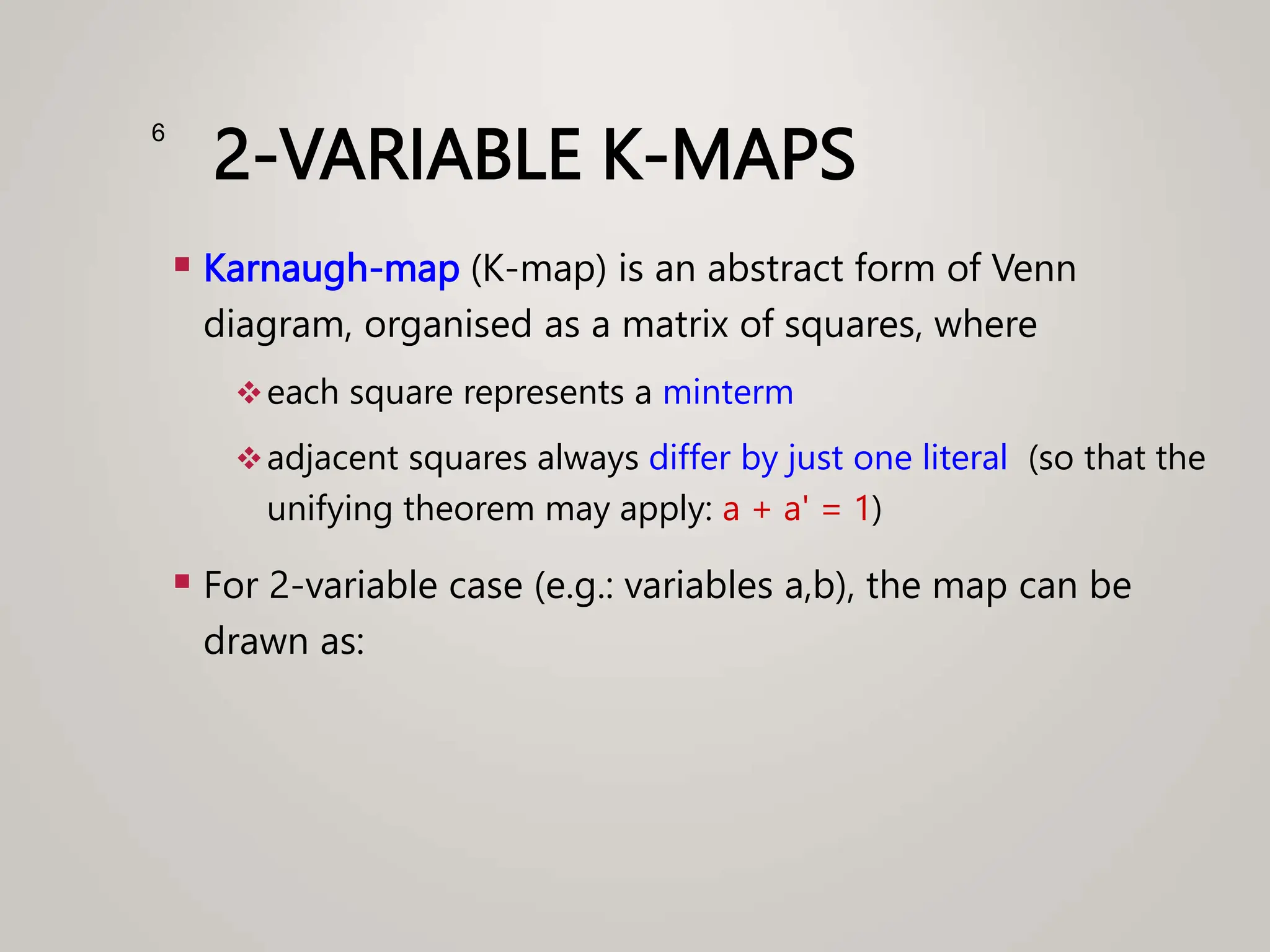 2-VARIABLE K-MAPS
 Karnaugh-map (K-map) is an abstract form of Venn
diagram, organised as a matrix of squares, where
each square represents a minterm
adjacent squares always differ by just one literal (so that the
unifying theorem may apply: a + a' = 1)
 For 2-variable case (e.g.: variables a,b), the map can be
drawn as:
6
 