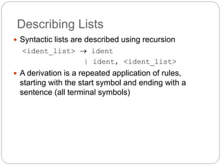 Describing Lists
1-11
 Syntactic lists are described using recursion
<ident_list>  ident
| ident, <ident_list>
 A derivation is a repeated application of rules,
starting with the start symbol and ending with a
sentence (all terminal symbols)
 
