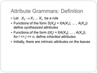 Attribute Grammars: Definition
1-25
 Let X0  X1 ... Xn be a rule
 Functions of the form S(X0) = f(A(X1), ... , A(Xn))
define synthesized attributes
 Functions of the form I(Xj) = f(A(X0), ... , A(Xn)),
for i <= j <= n, define inherited attributes
 Initially, there are intrinsic attributes on the leaves
 