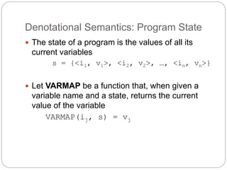 Denotational Semantics: Program State
1-37
 The state of a program is the values of all its
current variables
s = {<i1, v1>, <i2, v2>, …, <in, vn>}
 Let VARMAP be a function that, when given a
variable name and a state, returns the current
value of the variable
VARMAP(ij, s) = vj
 