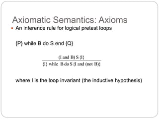 Axiomatic Semantics: Axioms
 An inference rule for logical pretest loops
{P} while B do S end {Q}
where I is the loop invariant (the inductive hypothesis)
B)}
(not
and
{I
S
do
B
while
{I}
{I}
S
B)
and
(I
1-51
 