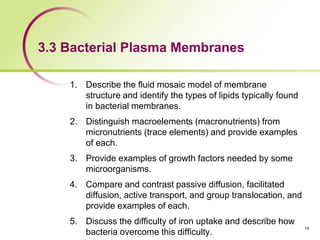 3.3 Bacterial Plasma Membranes
1. Describe the fluid mosaic model of membrane
structure and identify the types of lipids typically found
in bacterial membranes.
2. Distinguish macroelements (macronutrients) from
micronutrients (trace elements) and provide examples
of each.
3. Provide examples of growth factors needed by some
microorganisms.
4. Compare and contrast passive diffusion, facilitated
diffusion, active transport, and group translocation, and
provide examples of each.
5. Discuss the difficulty of iron uptake and describe how
bacteria overcome this difficulty.
14
 