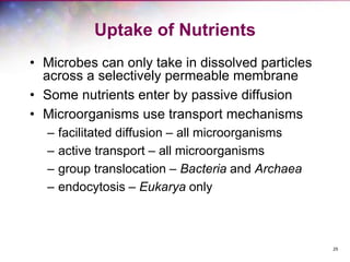 25
Uptake of Nutrients
• Microbes can only take in dissolved particles
across a selectively permeable membrane
• Some nutrients enter by passive diffusion
• Microorganisms use transport mechanisms
– facilitated diffusion – all microorganisms
– active transport – all microorganisms
– group translocation – Bacteria and Archaea
– endocytosis – Eukarya only
 