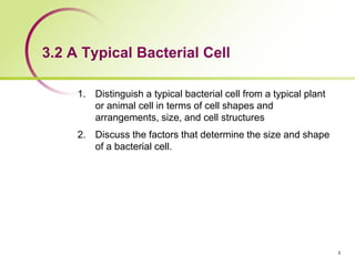 3.2 A Typical Bacterial Cell
1. Distinguish a typical bacterial cell from a typical plant
or animal cell in terms of cell shapes and
arrangements, size, and cell structures
2. Discuss the factors that determine the size and shape
of a bacterial cell.
3
 