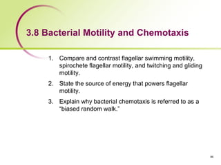3.8 Bacterial Motility and Chemotaxis
1. Compare and contrast flagellar swimming motility,
spirochete flagellar motility, and twitching and gliding
motility.
2. State the source of energy that powers flagellar
motility.
3. Explain why bacterial chemotaxis is referred to as a
“biased random walk.”
86
 
