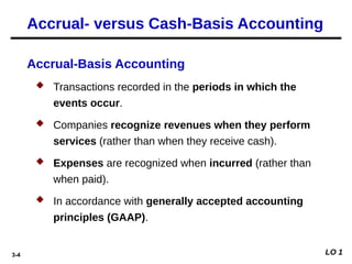 3-4
Accrual-Basis Accounting
 Transactions recorded in the periods in which the
events occur.
 Companies recognize revenues when they perform
services (rather than when they receive cash).
 Expenses are recognized when incurred (rather than
when paid).
 In accordance with generally accepted accounting
principles (GAAP).
Accrual- versus Cash-Basis Accounting
LO 1
 