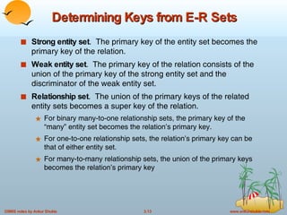 Determining Keys from E-R Sets Strong entity set .  The primary key of the entity set becomes the primary key of the relation. Weak entity set .  The primary key of the relation consists of the union of the primary key of the strong entity set and the discriminator of the weak entity set. Relationship set .  The union of the primary keys of the related  entity sets becomes a super key of the relation. For binary many-to-one relationship sets, the primary key of the “many” entity set becomes the relation’s primary key. For one-to-one relationship sets, the relation’s primary key can be that of either entity set. For many-to-many relationship sets, the union of the primary keys becomes the relation’s primary key 