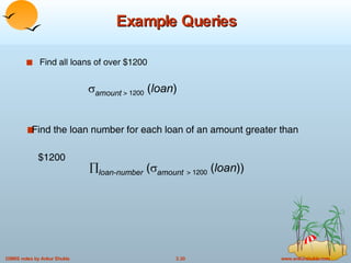 Example Queries Find all loans of over $1200 Find the loan number for each loan of an amount greater than  $1200  amount   > 1200  ( loan )  loan-number  (  amount   > 1200  ( loan )) 