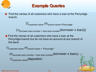 Example Queries Find the names of all customers who have a loan at the Perryridge branch. Find the names of all customers who have a loan at the    Perryridge branch but do not have an account at any branch of    the bank.  customer-name  (  branch-name = “Perryridge” (  borrower.loan-number = loan.loan-number ( borrower x loan )))  –     customer-name ( depositor )  customer-name  (  branch-name=“Perryridge ” (  borrower.loan-number = loan.loan-number ( borrower x loan ))) 