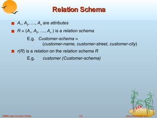 Relation Schema A 1 ,  A 2 , …,  A n   are  attributes R  = ( A 1 ,  A 2 , …,  A n  ) is a  relation schema E.g.  Customer-schema  =   ( customer-name, customer-street, customer-city ) r ( R ) is a  relation  on the  relation schema R E.g. customer (Customer-schema) 