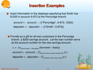 Insertion Examples Insert information in the database specifying that Smith has $1200 in account A-973 at the Perryridge branch. Provide as a gift for all loan customers in the Perryridge   branch, a $200 savings account.  Let the loan number serve   as the account number for the new savings account. account     account     {(“Perryridge”, A-973, 1200)} depositor     depositor     {(“Smith”, A-973)} r 1     (  branch-name = “Perryridge”  (borrower  loan )) account     account       branch-name, account-number,200   (r 1 ) depositor     depositor      customer-name, loan-number (r 1 ) 