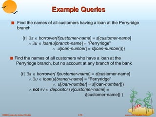 Example Queries Find the names of all customers having a loan at the Perryridge branch { t |   s     borrower( t [ customer-name ] =  s [customer-name]       u     loan ( u [ branch-name ] = “Perryridge”      u [ loan-number ] =  s [loan- number ]))      not    v     depositor  ( v [ customer-name ] =    t [customer-name]) } Find the names of all customers who have a loan at the    Perryridge branch, but no account at any branch of the bank { t |   s     borrower(t [ customer-name ] =  s [ customer-name ]        u     loan ( u [ branch-name ] = “Perryridge”      u [ loan-number ] =  s [ loan-number ]))} 