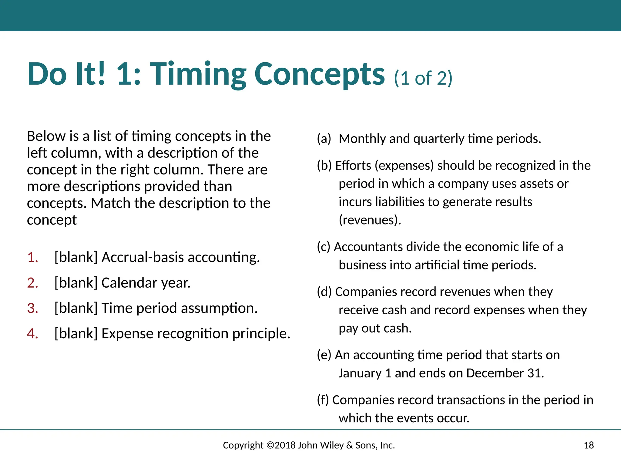 18
Copyright ©2018 John Wiley & Sons, Inc.
Do It! 1: Timing Concepts (1 of 2)
Below is a list of timing concepts in the
left column, with a description of the
concept in the right column. There are
more descriptions provided than
concepts. Match the description to the
concept
1. [blank] Accrual-basis accounting.
2. [blank] Calendar year.
3. [blank] Time period assumption.
4. [blank] Expense recognition principle.
(a) Monthly and quarterly time periods.
(b) Efforts (expenses) should be recognized in the
period in which a company uses assets or
incurs liabilities to generate results
(revenues).
(c) Accountants divide the economic life of a
business into artiﬁcial time periods.
(d) Companies record revenues when they
receive cash and record expenses when they
pay out cash.
(e) An accounting time period that starts on
January 1 and ends on December 31.
(f) Companies record transactions in the period in
which the events occur.
 