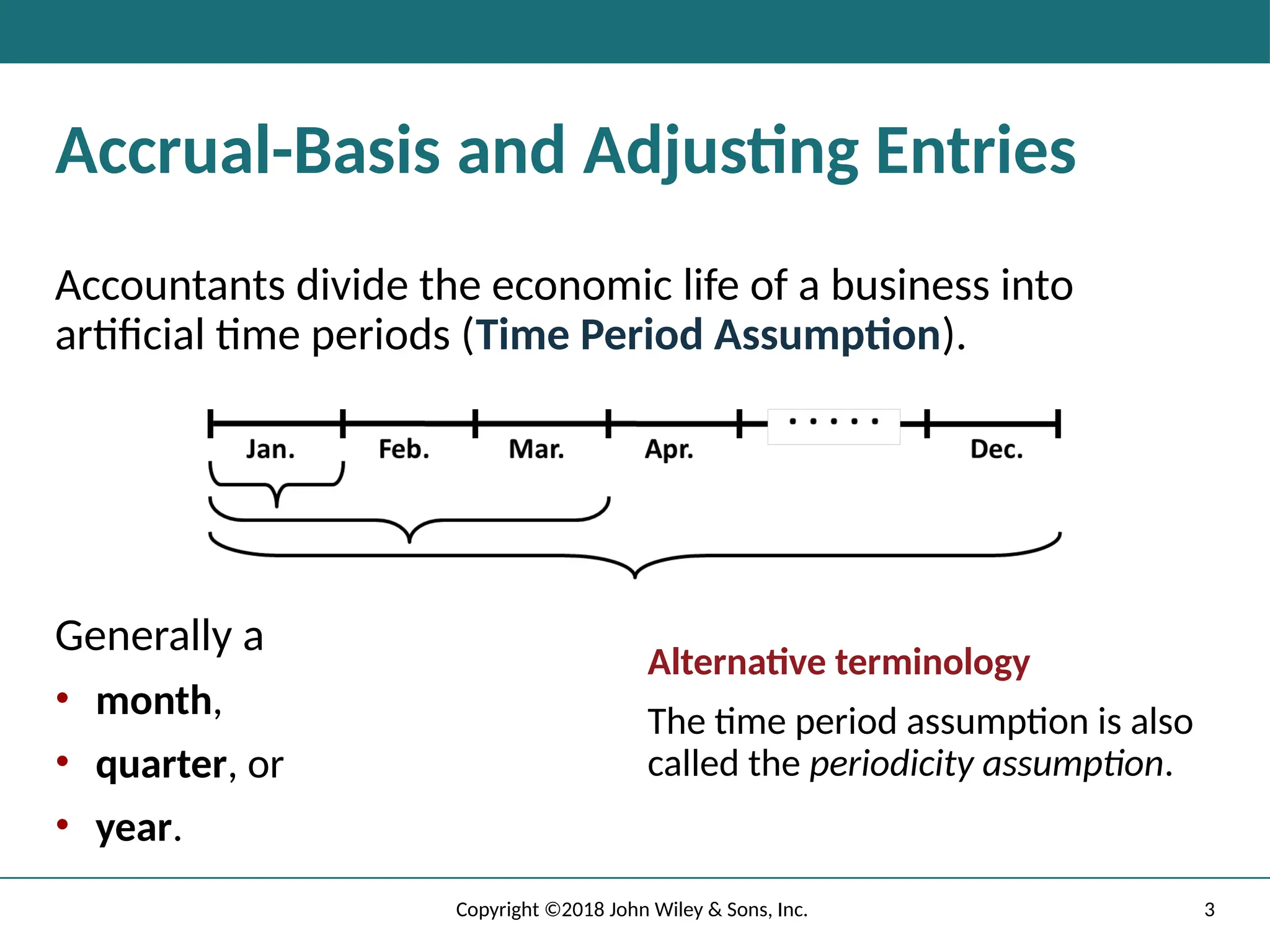 3
Copyright ©2018 John Wiley & Sons, Inc.
Accrual-Basis and Adjusting Entries
Accountants divide the economic life of a business into
artificial time periods (Time Period Assumption).
Generally a
• month,
• quarter, or
• year.
Alternative terminology
The time period assumption is also
called the periodicity assumption.
 