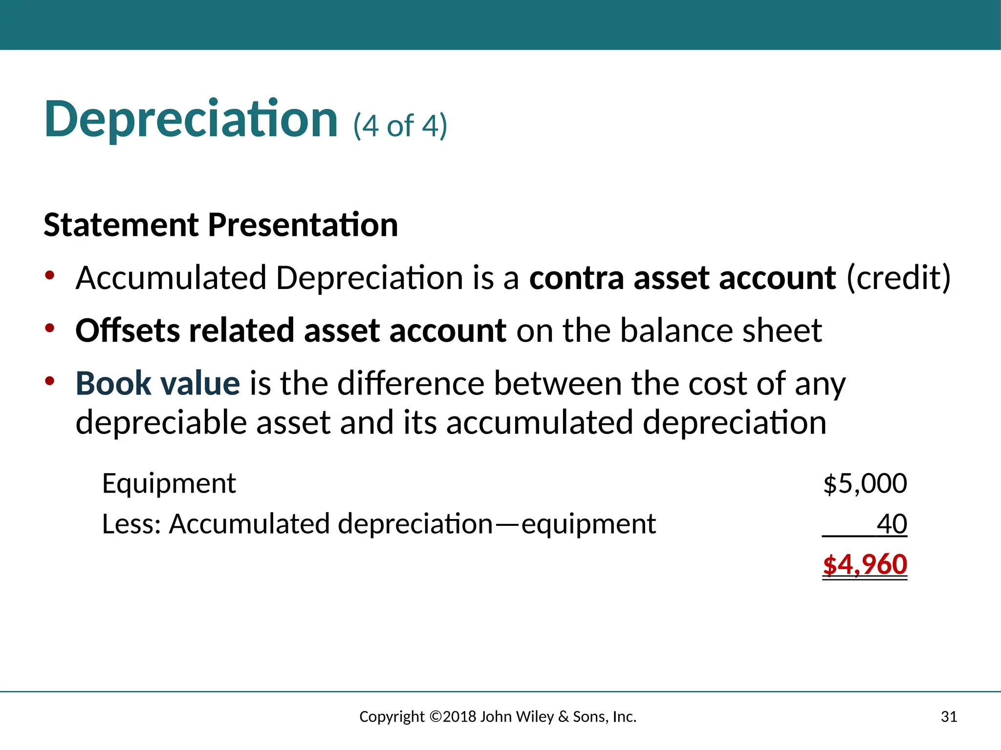 31
Copyright ©2018 John Wiley & Sons, Inc.
Depreciation (4 of 4)
Statement Presentation
• Accumulated Depreciation is a contra asset account (credit)
• Offsets related asset account on the balance sheet
• Book value is the difference between the cost of any
depreciable asset and its accumulated depreciation
Equipment $5,000
Less: Accumulated depreciation—equipment 40
$4,960
 