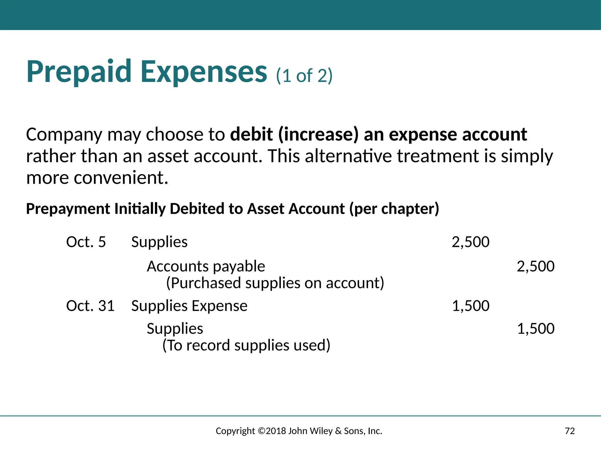 72
Copyright ©2018 John Wiley & Sons, Inc.
Prepaid Expenses (1 of 2)
Company may choose to debit (increase) an expense account
rather than an asset account. This alternative treatment is simply
more convenient.
Prepayment Initially Debited to Asset Account (per chapter)
Oct. 5 Supplies 2,500
Accounts payable
(Purchased supplies on account)
2,500
Oct. 31 Supplies Expense 1,500
Supplies
(To record supplies used)
1,500
 