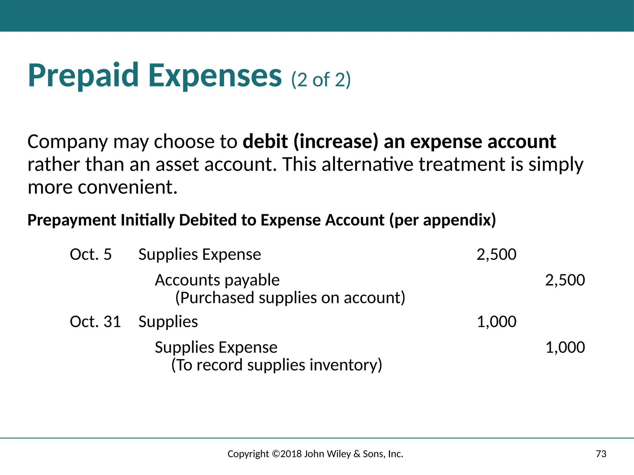 73
Copyright ©2018 John Wiley & Sons, Inc.
Prepaid Expenses (2 of 2)
Company may choose to debit (increase) an expense account
rather than an asset account. This alternative treatment is simply
more convenient.
Prepayment Initially Debited to Expense Account (per appendix)
Oct. 5 Supplies Expense 2,500
Accounts payable
(Purchased supplies on account)
2,500
Oct. 31 Supplies 1,000
Supplies Expense
(To record supplies inventory)
1,000
 