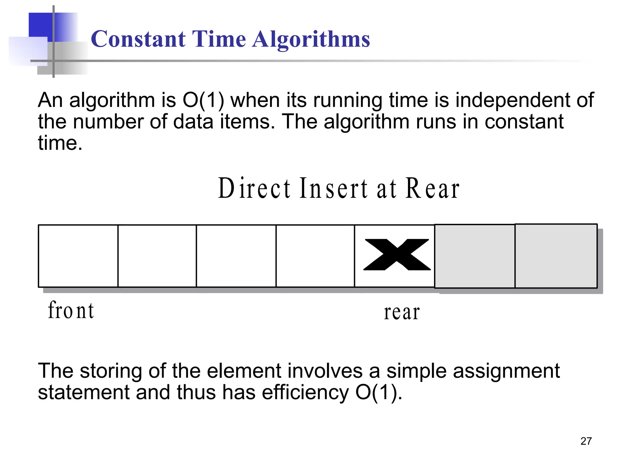 27
Constant Time Algorithms
An algorithm is O(1) when its running time is independent of
the number of data items. The algorithm runs in constant
time.
The storing of the element involves a simple assignment
statement and thus has efficiency O(1).
front rear
Direct Insert at Rear
 