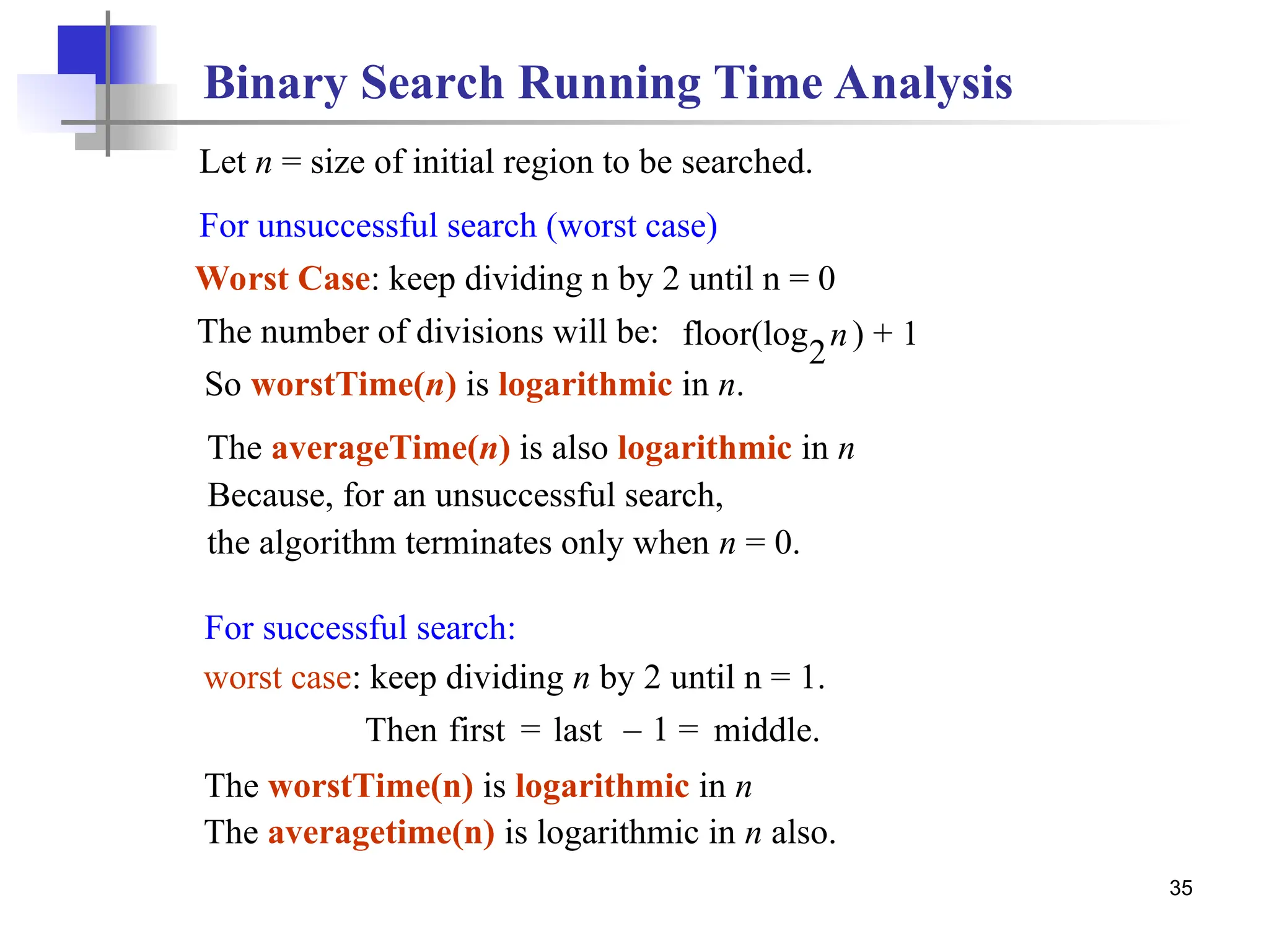 35
Let n = size of initial region to be searched.
For unsuccessful search (worst case)
Worst Case: keep dividing n by 2 until n = 0
The number of divisions will be: floor(log
2
n) + 1
So worstTime(n) is logarithmic in n.
Binary Search Running Time Analysis
The averageTime(n) is also logarithmic in n
Because, for an unsuccessful search,
the algorithm terminates only when n = 0.
For successful search:
worst case: keep dividing n by 2 until n = 1.
first = last – 1 = middle.
The worstTime(n) is logarithmic in n
The averagetime(n) is logarithmic in n also.
Then
 