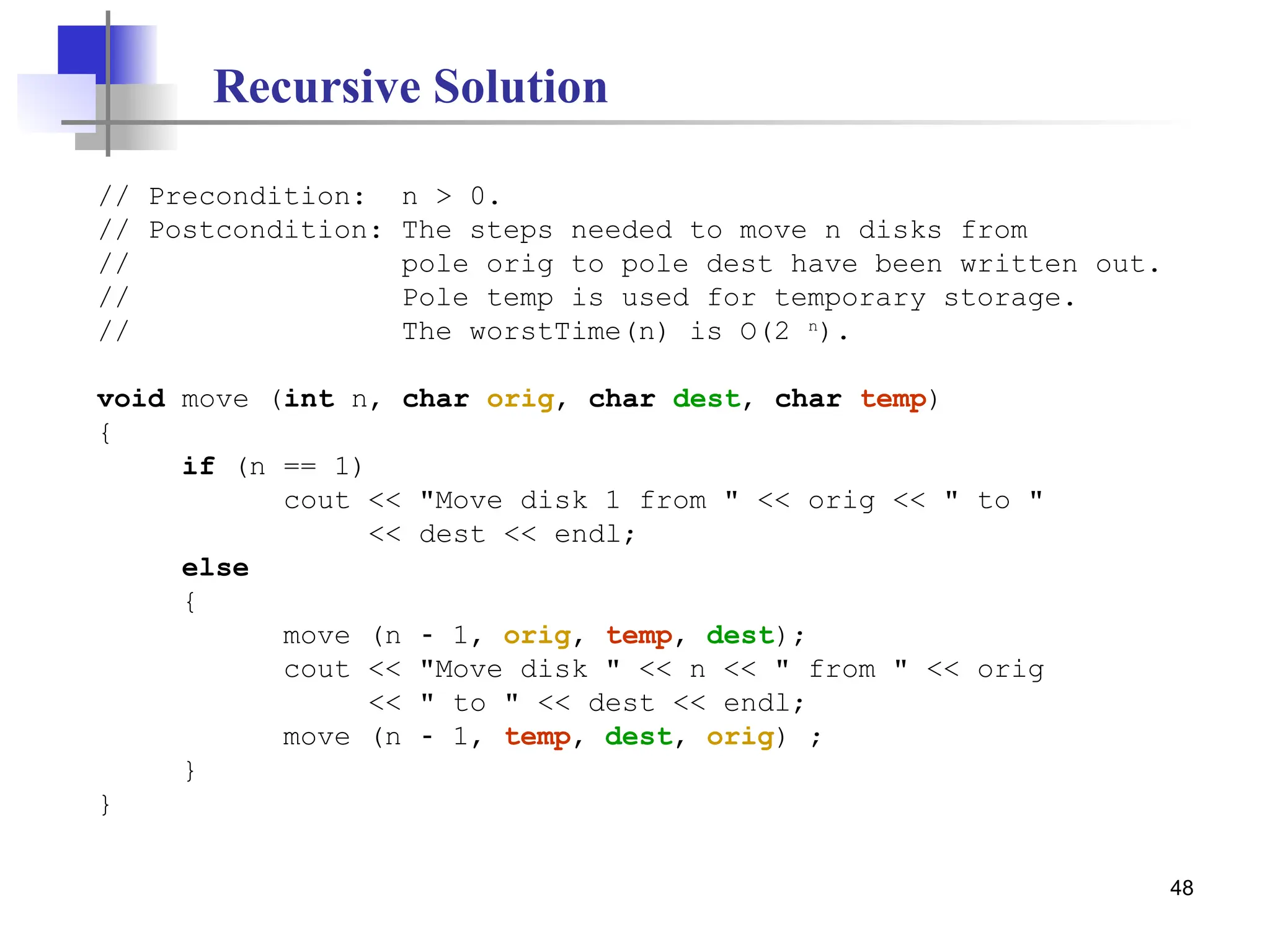 48
// Precondition: n > 0.
// Postcondition: The steps needed to move n disks from
// pole orig to pole dest have been written out.
// Pole temp is used for temporary storage.
// The worstTime(n) is O(2 n
).
void move (int n, char orig, char dest, char temp)
{
if (n == 1)
cout << "Move disk 1 from " << orig << " to "
<< dest << endl;
else
{
move (n 1,
‑ orig, temp, dest);
cout << "Move disk " << n << " from " << orig
<< " to " << dest << endl;
move (n 1,
‑ temp, dest, orig) ;
}
}
Recursive Solution
 
