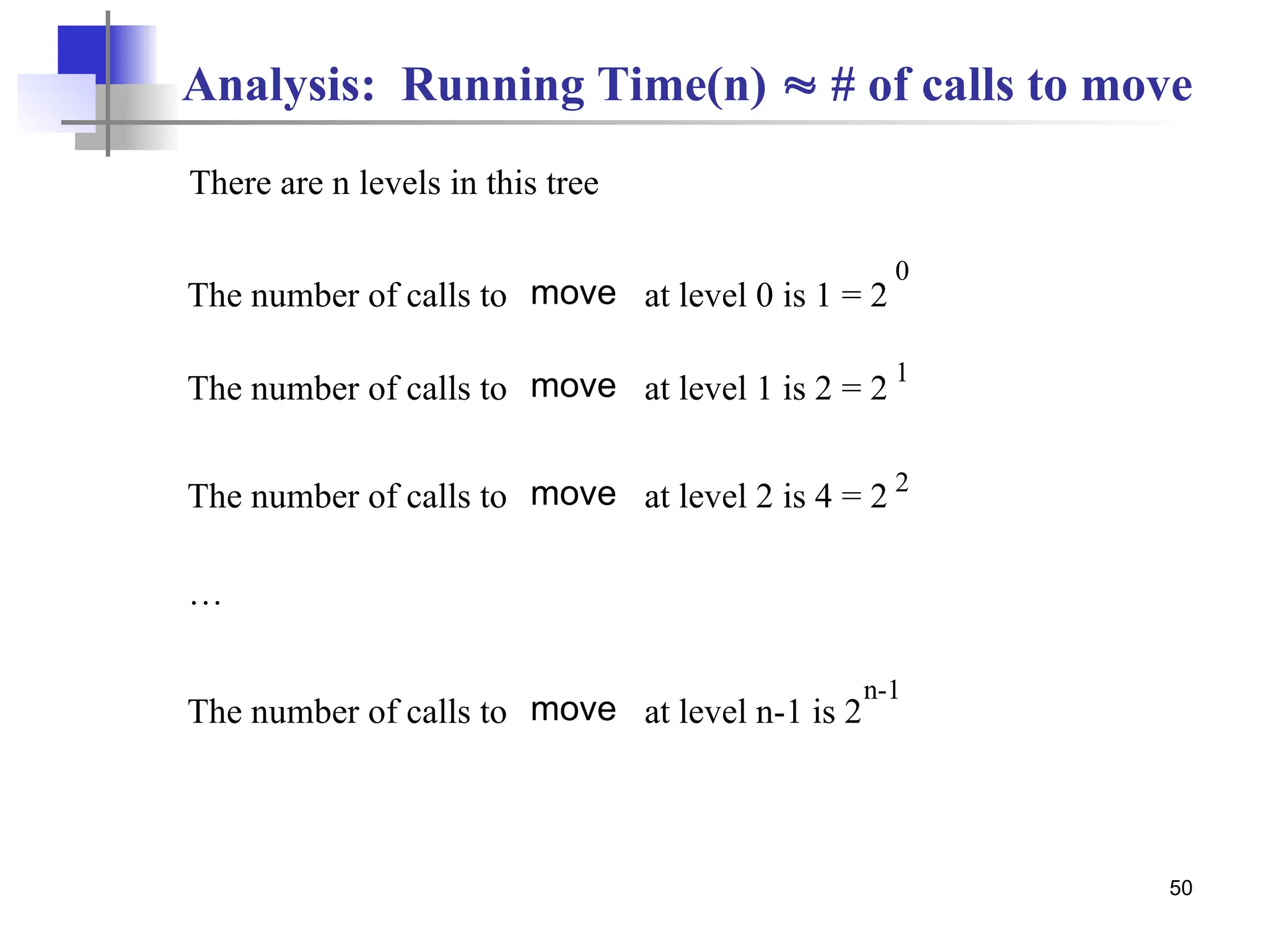 50
There are n levels in this tree
The number of calls to move at level 0 is 1 = 2
0
The number of calls to move at level 1 is 2 = 2
1
The number of calls to move at level 2 is 4 = 2 2
…
The number of calls to move at level n-1 is 2
n-1
Analysis: Running Time(n)  # of calls to move
 
