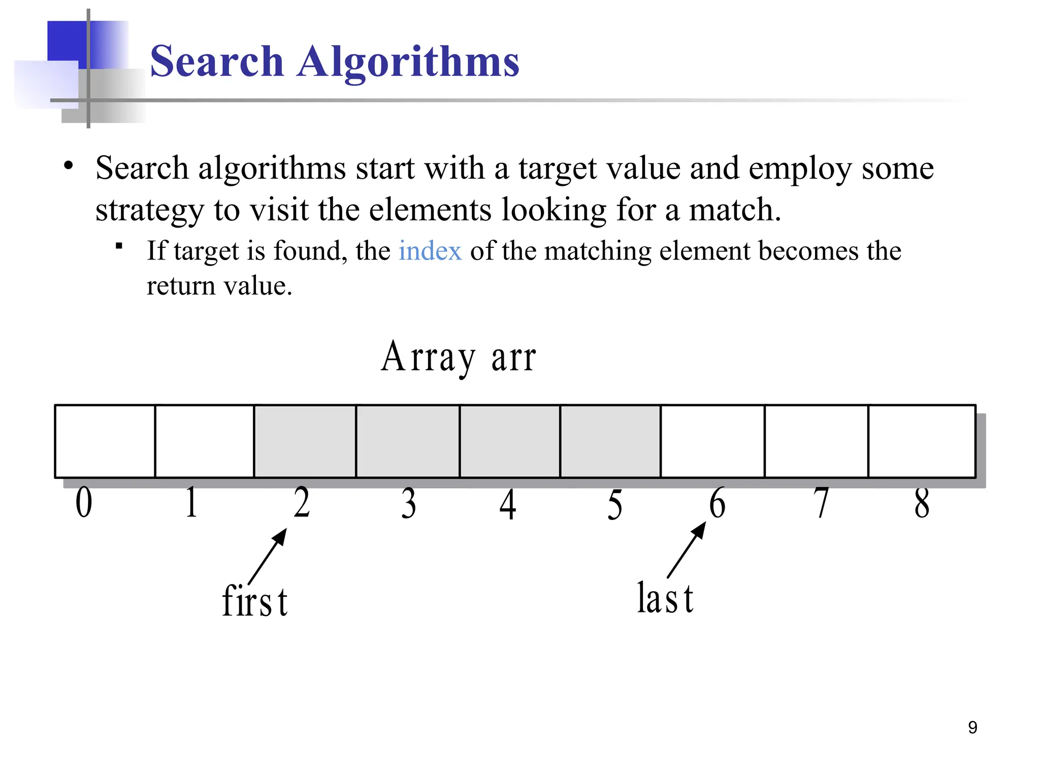 9
Search Algorithms
0 1 2 6 7 8
first last
Array arr
5
4
3
• Search algorithms start with a target value and employ some
strategy to visit the elements looking for a match.
 If target is found, the index of the matching element becomes the
return value.
 