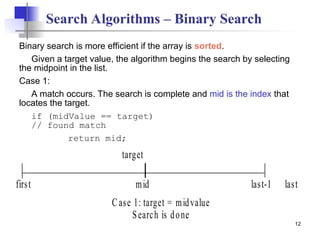 12
Search Algorithms – Binary Search
Binary search is more efficient if the array is sorted.
Given a target value, the algorithm begins the search by selecting
the midpoint in the list.
Case 1:
A match occurs. The search is complete and mid is the index that
locates the target.
if (midValue == target)
// found match
return mid;
mid
first
target
Case 1: target = midvalue
Search is done
last-1 last
 