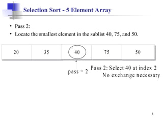5
Selection Sort - 5 Element Array
• Pass 2:
• Locate the smallest element in the sublist 40, 75, and 50.
20 35 75 50
pass = 2
40
Pass 2: Select 40 at index 2
N o exchange necessary
 