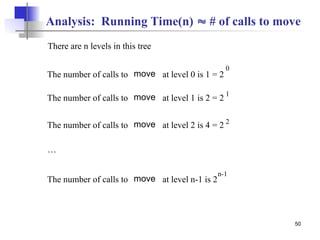 50
There are n levels in this tree
The number of calls to move at level 0 is 1 = 2
0
The number of calls to move at level 1 is 2 = 2
1
The number of calls to move at level 2 is 4 = 2 2
…
The number of calls to move at level n-1 is 2
n-1
Analysis: Running Time(n)  # of calls to move
 
