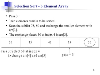 6
Selection Sort - 5 Element Array
• Pass 3:
• Two elements remain to be sorted.
• Scan the sublist 75, 50 and exchange the smaller element with
arr[3].
• The exchange places 50 at index 4 in arr[3].
pass = 3
20 35 40 75 50
Pass 3: Select 50 at index 4
Exchange arr[4] and arr[3]
 