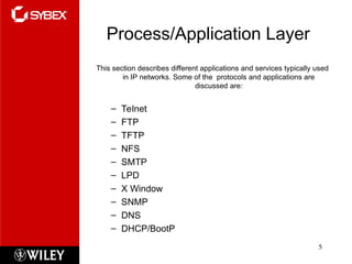 Process/Application Layer
This section describes different applications and services typically used
in IP networks. Some of the protocols and applications are
discussed are:
– Telnet
– FTP
– TFTP
– NFS
– SMTP
– LPD
– X Window
– SNMP
– DNS
– DHCP/BootP
5
 