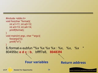 #include <stdio.h>
void foo(char *format){
int a1=11; int a2=12;
int a3=13; int a4=14;
printf(format);
}
void main(int argc, char **argv){
foo(argv[1]);
printf("n");
}
$./format-x-subfun "%x %x %x %x : %x, %x, %x "
80495bc e d c : b, bffff7e8, 80483f4
34
Return address
Four variables
 