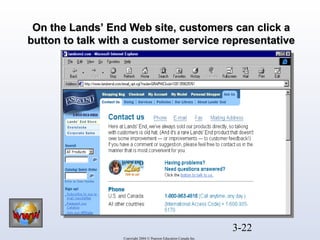On the Lands’ End Web site, customers ccaann cclliicckk aa 
bbuuttttoonn ttoo ttaallkk wwiitthh aa ccuussttoommeerr sseerrvviiccee rreepprreesseennttaattiivvee 
3-22 
Copyright 2004 © Pearson Education Canada Inc. 
 
