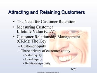 AAttttrraaccttiinngg aanndd RReettaaiinniinngg CCuussttoommeerrss 
• The Need for Customer Retention 
• Measuring Customer 
Lifetime Value (CLV) 
• Customer Relationship Management 
(CRM): The Key 
– Customer equity 
– Three drivers of customer equity 
3-23 
• Value equity 
• Brand equity 
• Relationship equity 
Copyright 2004 © Pearson Education Canada Inc. 
 