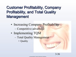 CCuussttoommeerr PPrrooffiittaabbiilliittyy,, CCoommppaannyy 
PPrrooffiittaabbiilliittyy,, aanndd TToottaall QQuuaalliittyy 
MMaannaaggeemmeenntt 
• Increasing Company Profitability 
– Competitive advantage 
• Implementing TQM 
– Total Quality Management 
3-36 
Copyright 2004 © Pearson Education Canada Inc. 
• Quality 
