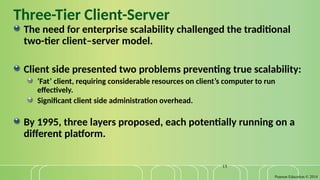 Pearson Education © 2014
13
Three-Tier Client-Server
The need for enterprise scalability challenged the traditional
two-tier client–server model.
Client side presented two problems preventing true scalability:
‘Fat’ client, requiring considerable resources on client’s computer to run
effectively.
Significant client side administration overhead.
By 1995, three layers proposed, each potentially running on a
different platform.
 