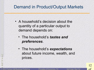 CHAPTER3:CHAPTER3:
12
© 2004 Prentice Hall Business Publishing© 2004 Prentice Hall Business Publishing Principles of Economics, 7/ePrinciples of Economics, 7/e Karl Case, Ray FairKarl Case, Ray Fair
Demand in Product/Output Markets
• The household’s tastes and
preferences.
• The household’s expectations
about future income, wealth, and
prices.
• A household’s decision about the
quantity of a particular output to
demand depends on:
 