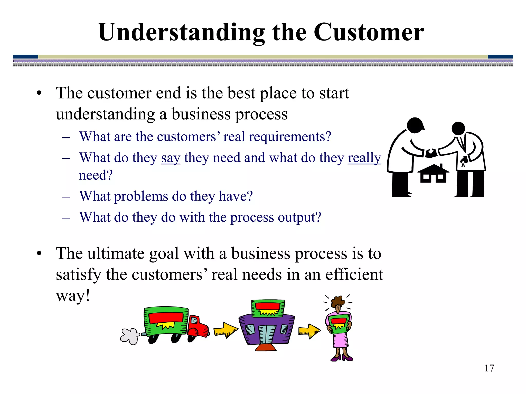 17
Understanding the Customer
• The customer end is the best place to start
understanding a business process
– What are the customers’ real requirements?
– What do they say they need and what do they really
need?
– What problems do they have?
– What do they do with the process output?
• The ultimate goal with a business process is to
satisfy the customers’ real needs in an efficient
way!
 