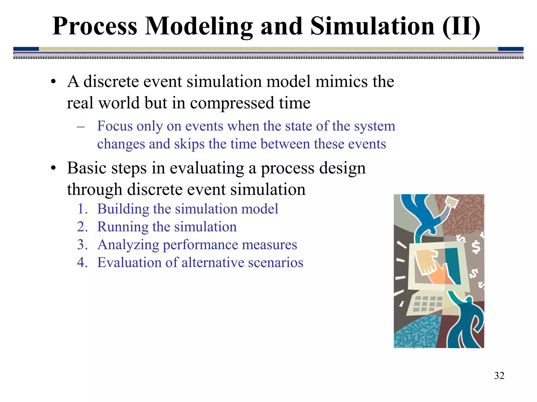 32
• A discrete event simulation model mimics the
real world but in compressed time
– Focus only on events when the state of the system
changes and skips the time between these events
• Basic steps in evaluating a process design
through discrete event simulation
1. Building the simulation model
2. Running the simulation
3. Analyzing performance measures
4. Evaluation of alternative scenarios
Process Modeling and Simulation (II)
 