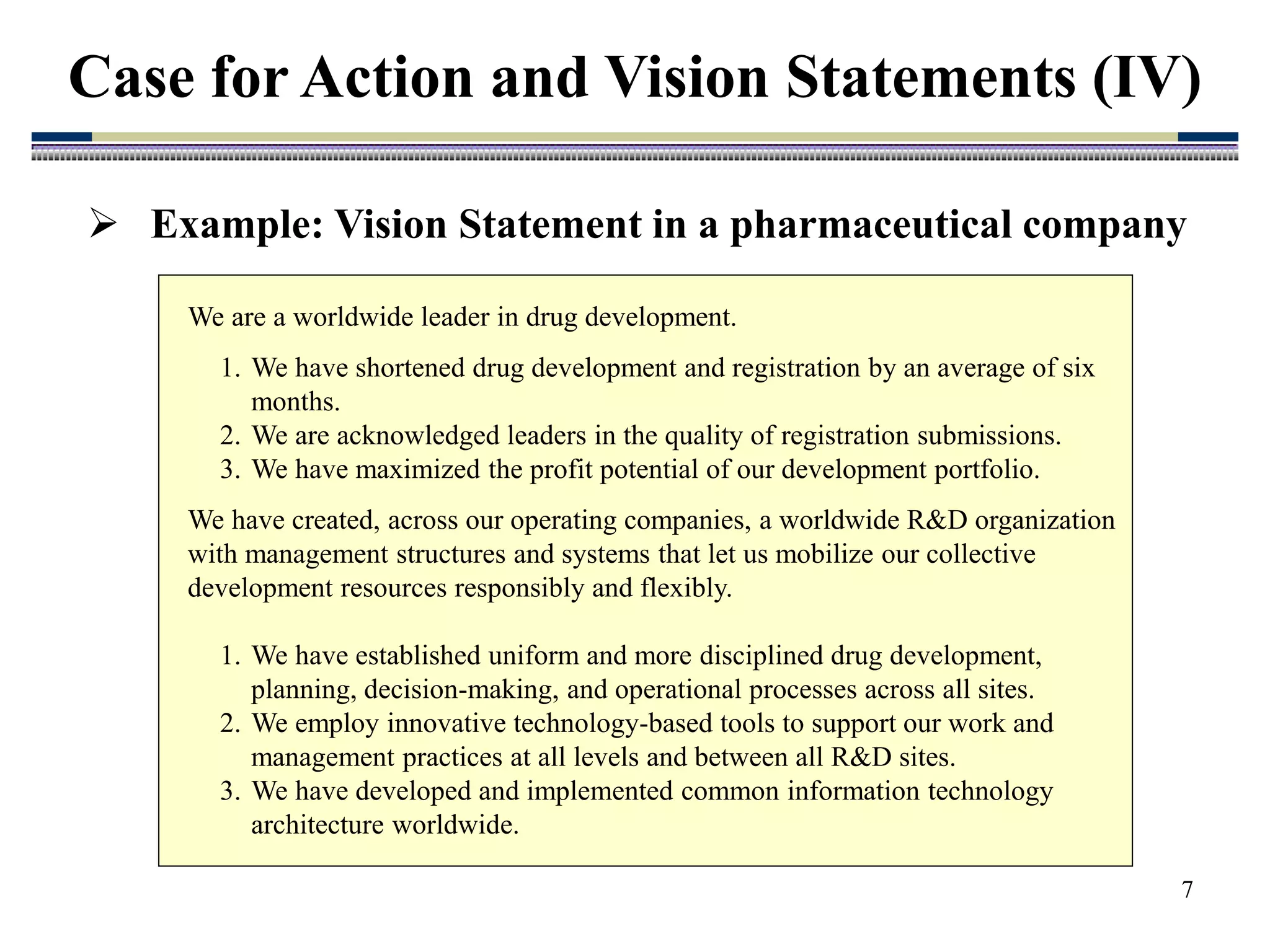 7
Case for Action and Vision Statements (IV)
We are a worldwide leader in drug development.
1. We have shortened drug development and registration by an average of six
months.
2. We are acknowledged leaders in the quality of registration submissions.
3. We have maximized the profit potential of our development portfolio.
We have created, across our operating companies, a worldwide R&D organization
with management structures and systems that let us mobilize our collective
development resources responsibly and flexibly.
1. We have established uniform and more disciplined drug development,
planning, decision-making, and operational processes across all sites.
2. We employ innovative technology-based tools to support our work and
management practices at all levels and between all R&D sites.
3. We have developed and implemented common information technology
architecture worldwide.
 Example: Vision Statement in a pharmaceutical company
 