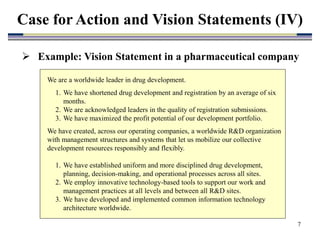 7
Case for Action and Vision Statements (IV)
We are a worldwide leader in drug development.
1. We have shortened drug development and registration by an average of six
months.
2. We are acknowledged leaders in the quality of registration submissions.
3. We have maximized the profit potential of our development portfolio.
We have created, across our operating companies, a worldwide R&D organization
with management structures and systems that let us mobilize our collective
development resources responsibly and flexibly.
1. We have established uniform and more disciplined drug development,
planning, decision-making, and operational processes across all sites.
2. We employ innovative technology-based tools to support our work and
management practices at all levels and between all R&D sites.
3. We have developed and implemented common information technology
architecture worldwide.
 Example: Vision Statement in a pharmaceutical company
 