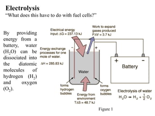 Electrolysis
“What does this have to do with fuel cells?”
By providing
energy from a
battery, water
(H2O) can be
dissociated into
the diatomic
molecules of
hydrogen (H2)
and oxygen
(O2).
Figure 1
 