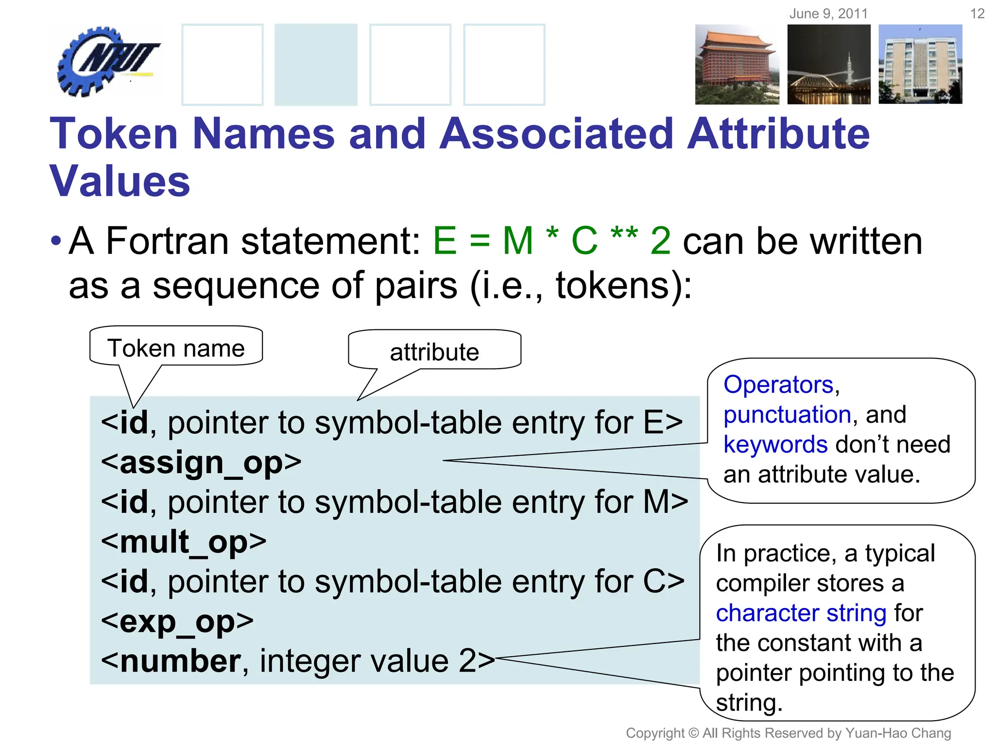 June 9, 2011 12
Copyright © All Rights Reserved by Yuan-Hao Chang
Token Names and Associated Attribute
Values
•A Fortran statement: E = M * C ** 2 can be written
as a sequence of pairs (i.e., tokens):
<id, pointer to symbol-table entry for E>
<assign_op>
<id, pointer to symbol-table entry for M>
<mult_op>
<id, pointer to symbol-table entry for C>
<exp_op>
<number, integer value 2>
Token name attribute
Operators,
punctuation, and
keywords don’t need
an attribute value.
In practice, a typical
compiler stores a
character string for
the constant with a
pointer pointing to the
string.
 